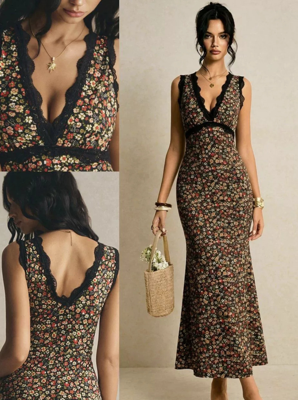 ZARA Floral Print Long Spaghetti Strap Lace Dress - Picture 1 of 6